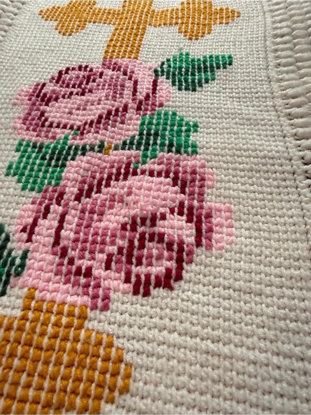 Vintage Crochet Granny Cross Easter Afghan Retro Roses Cross Stitch Blanket